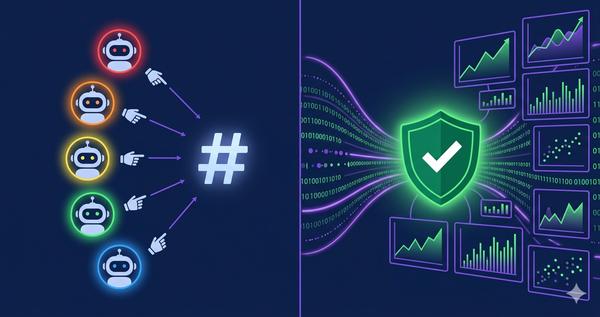 5 robots de IA senalando un hash vs analisis estadistico fluyendo hacia un escudo de verificacion
